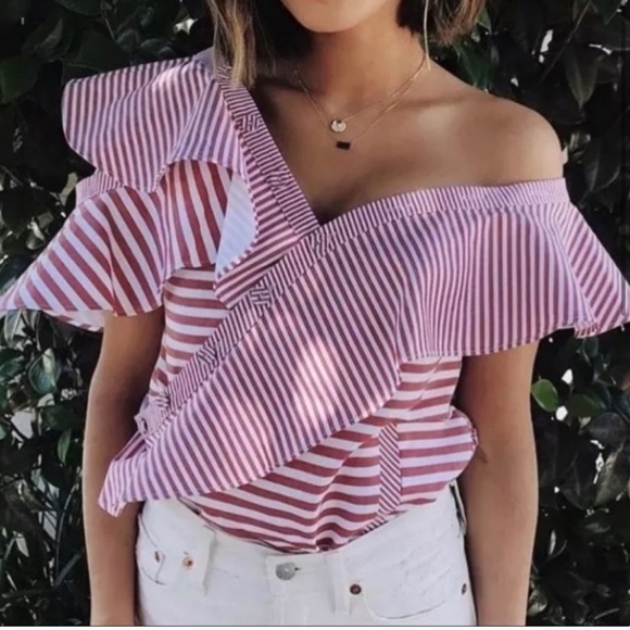 SELF-PORTRAIT Striped Off Shoulder Asymmetric Frill Shirt - Size 2 - Picture 12 of 12